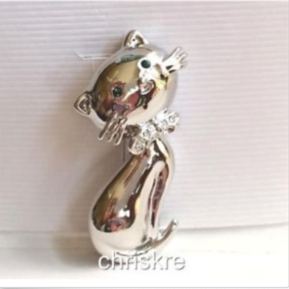 Silver Kitty Cat Pin Brooch Crystal Bow Feline Fashionista Kat Rescue Plated USA